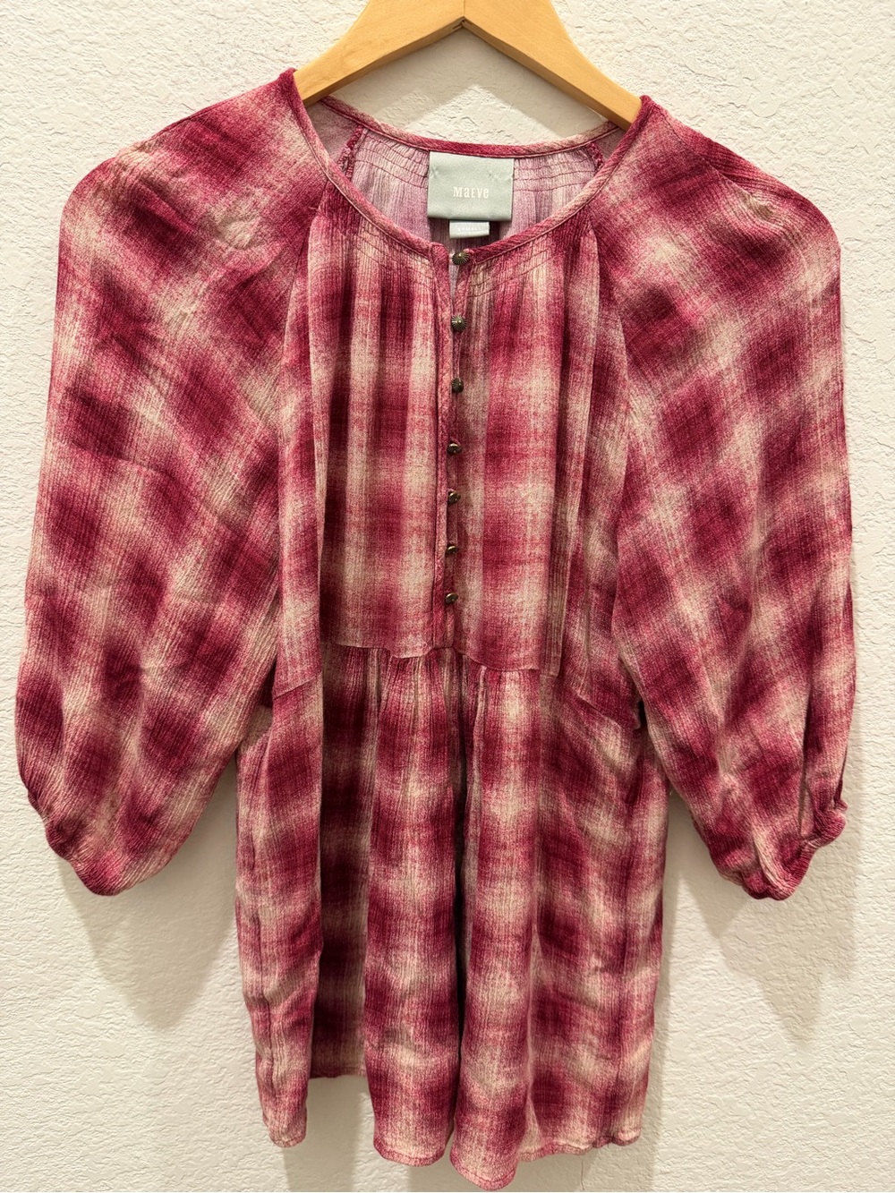 Maeve Anthropologie Pink Plaid Babydoll Blouse 3/4 Balloon Sleeve XS